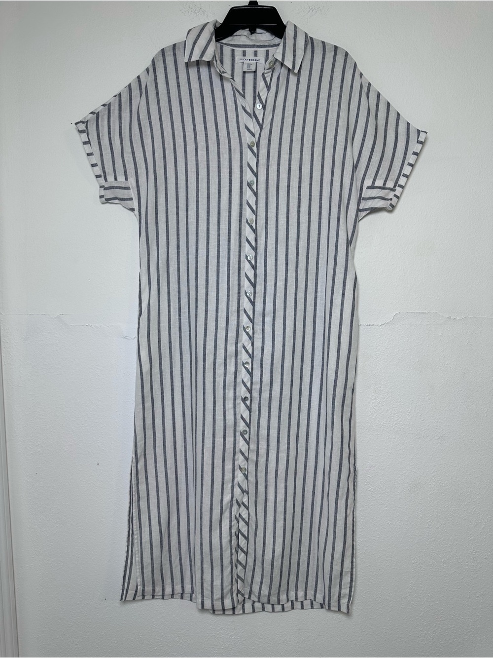 Lucky Brand White and Gray Striped Button Down Linen Blend Maxi Shirt Dress Sz M - Picture 2 of 13